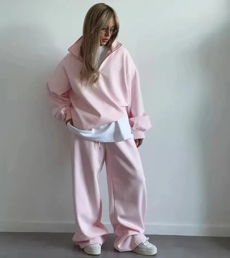 

Long-Sleeved Pullover Sweatshirt and Trousers Casual Suit Oversize Lace-Up Sweatpants Two-Piece Women