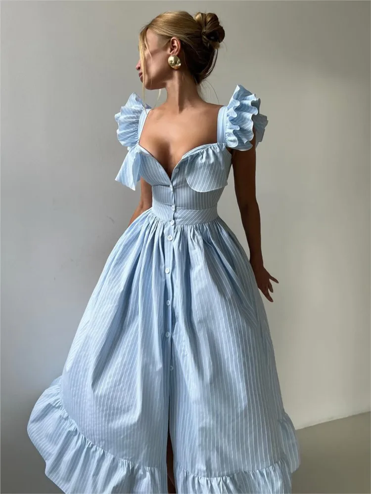 

Party Dresses For Woman Sexy Fashion Elegant Vestidos Sexy Striped Evening Dress Backless Button Ruffle Sleeveless Temperament