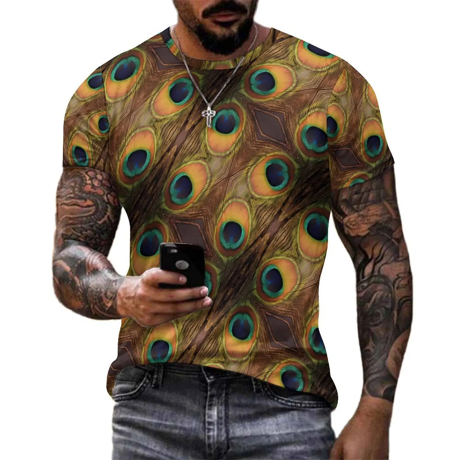 Beach T Shirt Colorful Peacock Feathers T Shirts Green Gold Y2K Casual Vintage Tee Shirt For Men Short-Sleeve Oversized Tops