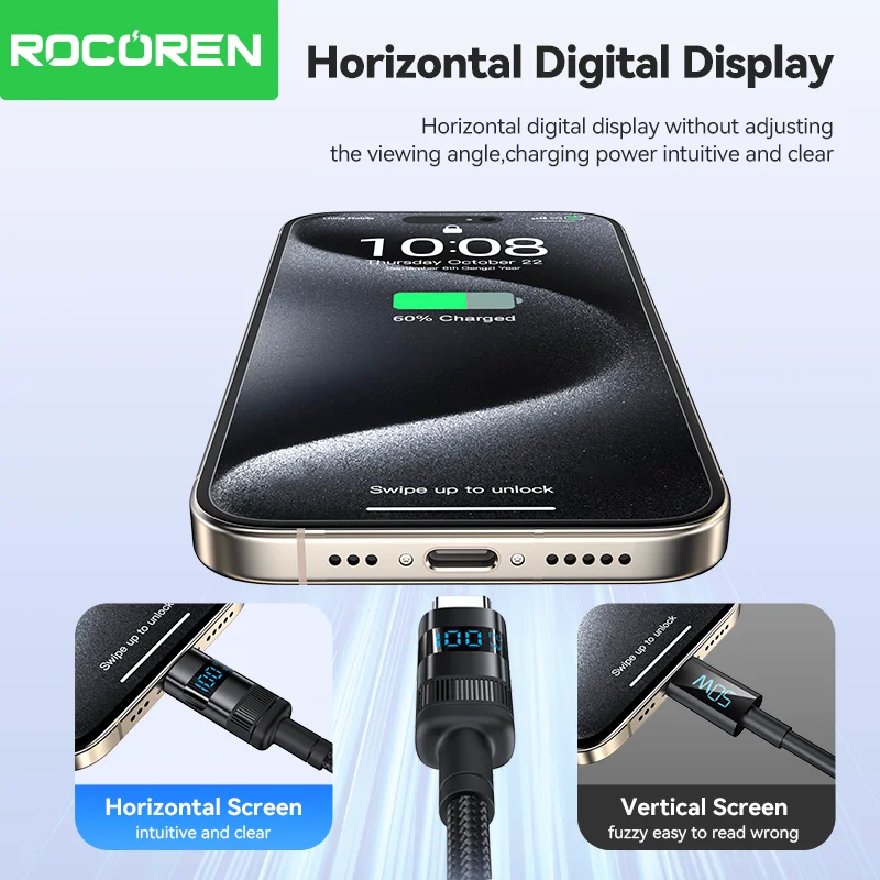 Rocoren 100W USB Type C Cable With Digital Display 5A PD3.1 Fast Charge Type-C Cable For MacBook iPhone 16 15 Pro Samsung Xiaomi