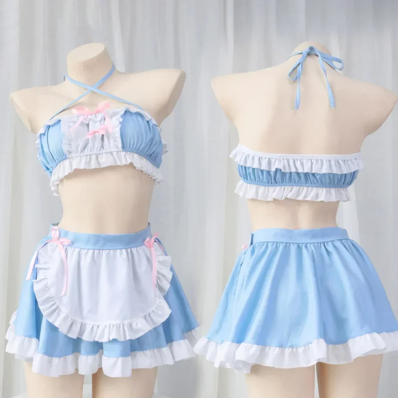 Sweet Lolita Girls Halter Blue White Ruffle Tube Top Skirt Set Cosplay Maid Uniform Backless Pajamas Pool Party Waiter Costumes