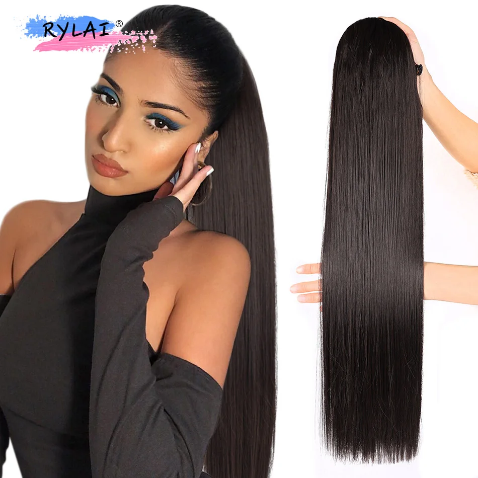 Long Straight Ponytail 32inch Synthetic Clip in Hair Ponytail for Black Women Fake Hairpiece Drawstring Ponytail