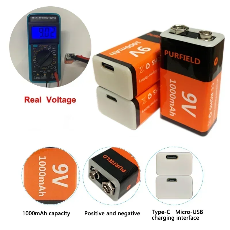 Purfield-充電式リチウム電池9ボルト,1000mAh,USB Type-c,6f22,9 v