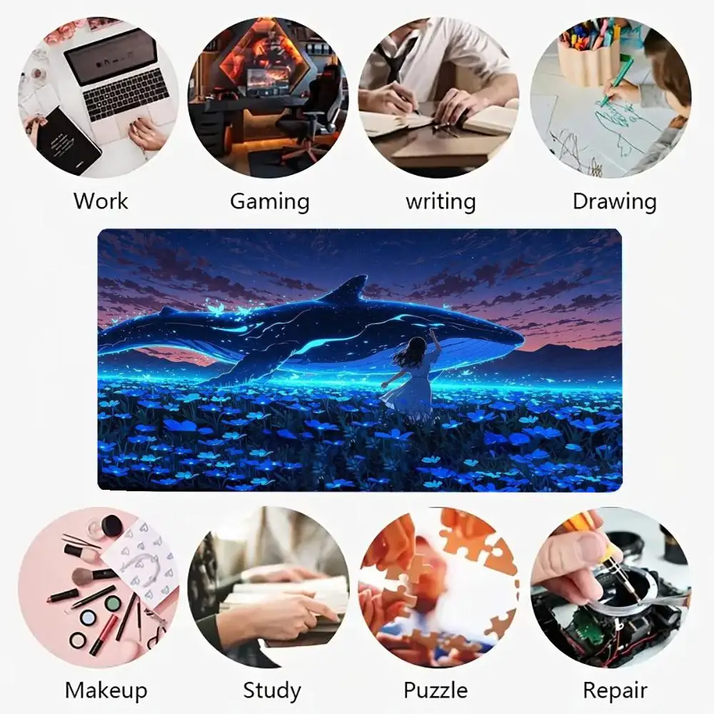 Tappetino per mouse Fantasy Neon Whale & Girl, tappetino da scrivania con fiori blu incantati per gli appassionati di anime