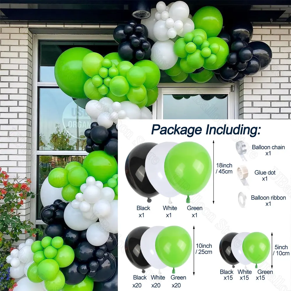 Black Green Balloons Garland White Black Light Lime Green Balloon Arch for Soccor Game on Themed Birthday Baby Shower Party Deco