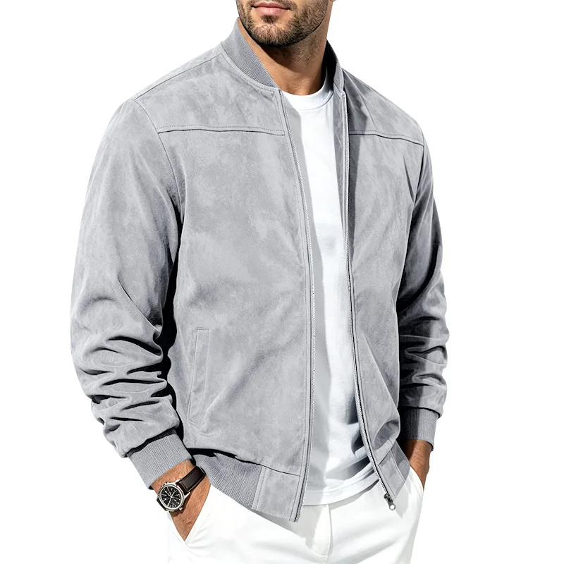 Herren Herbst- und Winter-Freizeitjacke in Übergröße aus Wildleder mit Reißverschluss und Stehkragen, Langarm – Detail 2
