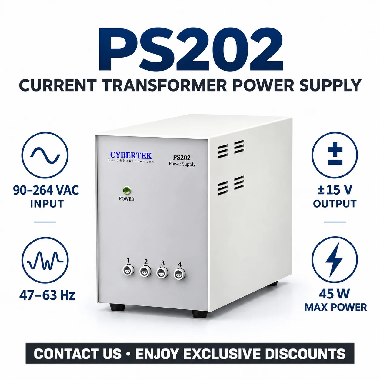 CYBERTEK PS202/PS204/PS208 Current Transformer Power Supply, 2/4/8-Channel, ±15V 1.5A/Channel, for CTA/CTV Current Transducers