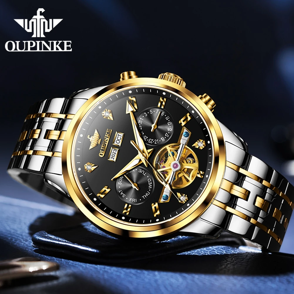 OUPINKE Top Men's Watches High Quality Multifunctional Waterproof Automatic Mechanical Watch Hollow Out Precision Steel Strap