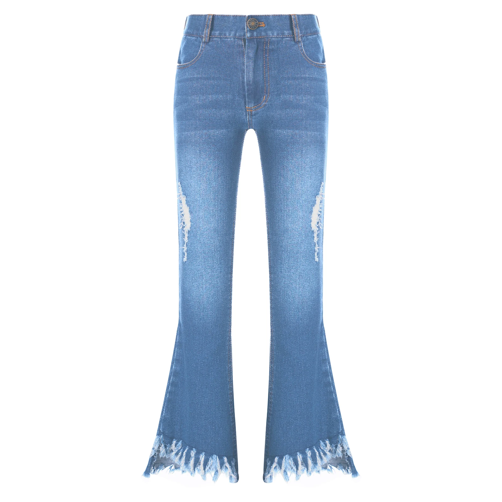 Kids Girls Denim Jeans Pants Ripped Flared Bell Bottom Jeans Raw Hem Elastic Waisted Denim Pants with Bowknot Fashion Streetwear