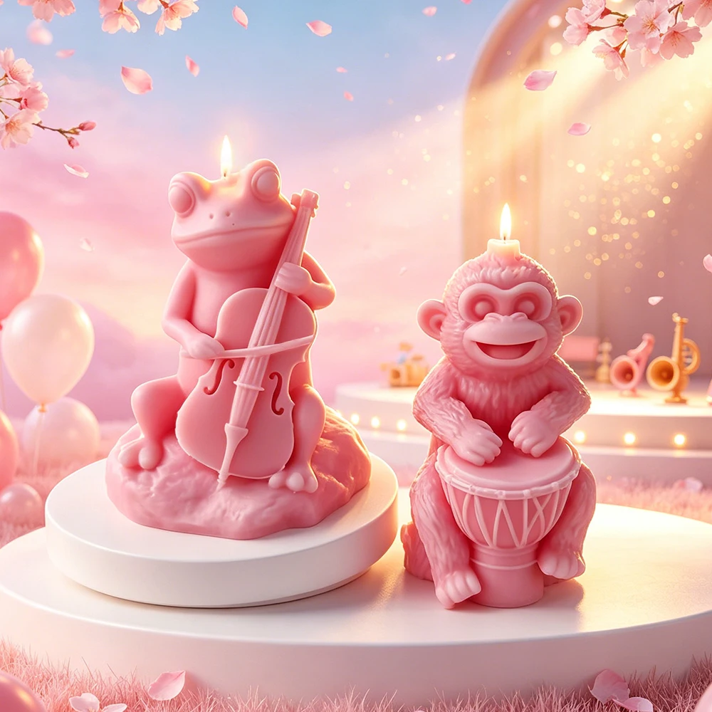 Musikalische Tierfiguren Frosch Welpe Gorilla mit Instrumenten Silikonform DIY Aroma-Kerze Gips-Form Harz-Handwerk Gussformen