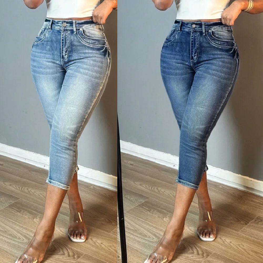 Women High Stretch Denim Jeans Ladies Bodycon Hip Lifting Zipper Pencil Pants Middle-calf Skinny Jeans