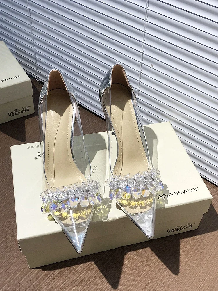 

2024 New French Silver Transparent Crystal Single Shoes Women's Thin Heels Pointed Shallow Mouth Water Diamond High Heels Sexy