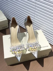 2024 New French Silver Transparent Crystal Single Shoes Women's Thin Heels Pointed Shallow Mouth Water Diamond High Heels Sexy