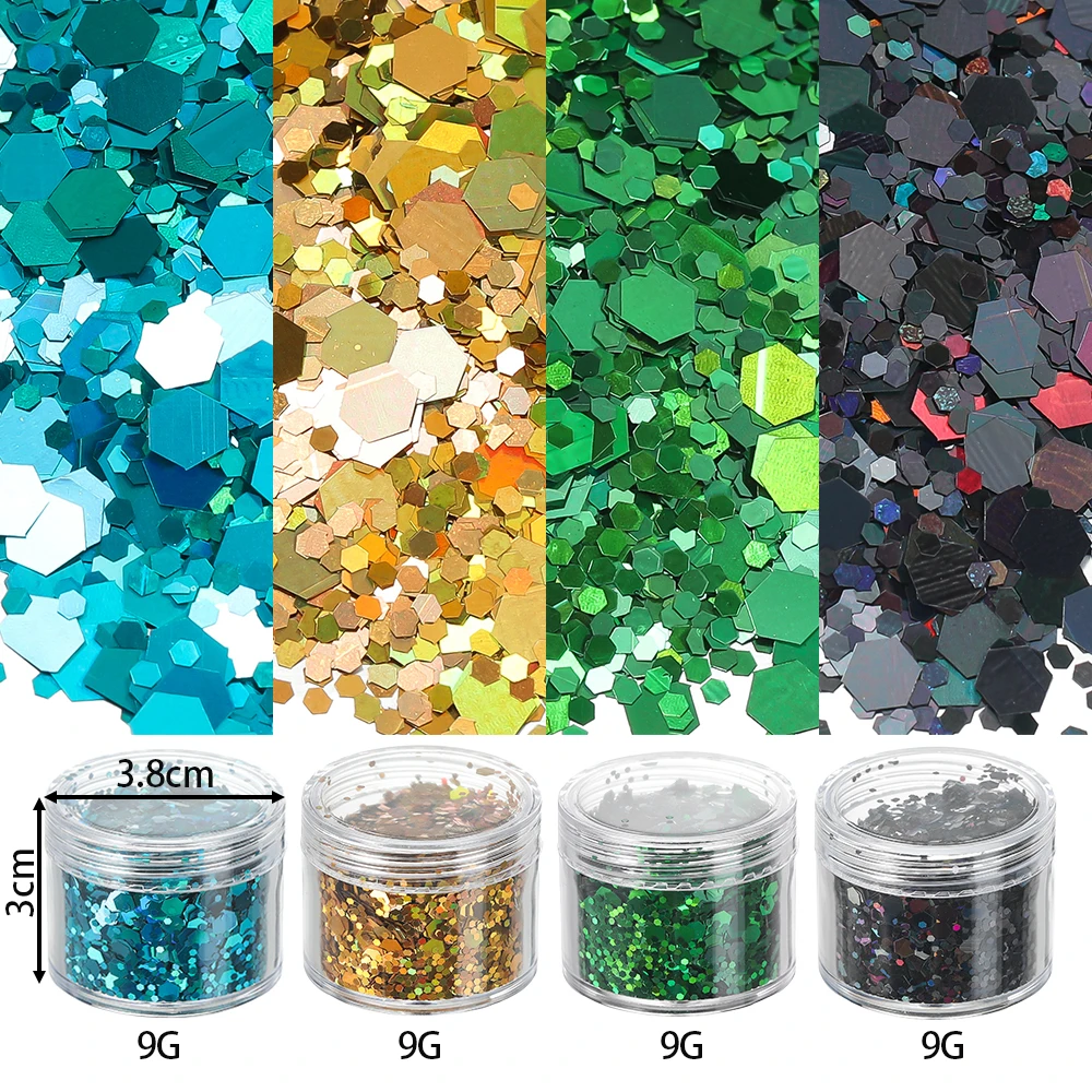 رقائق حشو راتنجات الإيبوكسي لامعة ومزينة بسداسي ، ترتر ليزر مجسم لفن الأظافر سهل التركيب ، 4 زجاجات لكل مجموعة