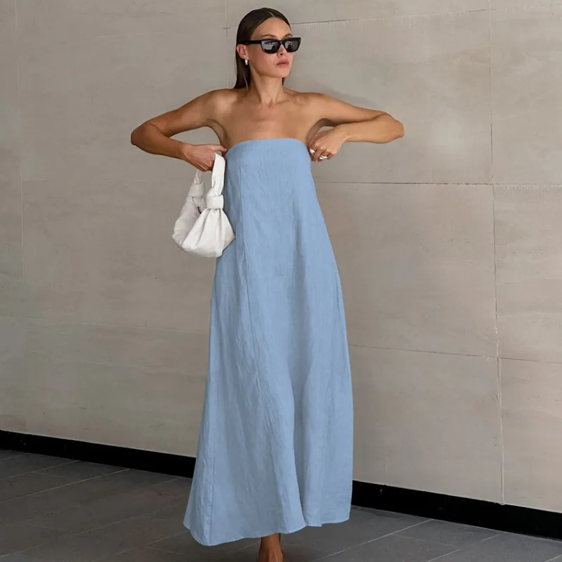 Minimalist Cotton Linen Design Strapless Dress Summer Women\'s Personal Street Elastic Backless Pocket Vacation Beach Dress