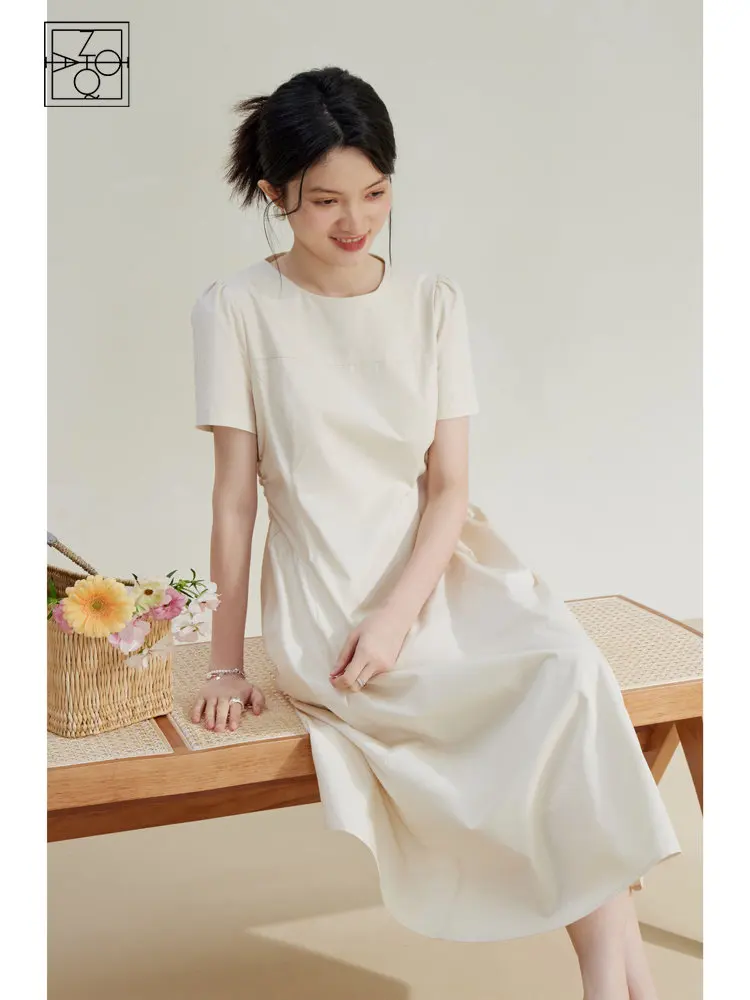 ZIQIAO 100% Cotton Solid Temperament Long Dress Office Lady Pleated Design Beige Short Sleeve High Waist Mid-Calf A-LINE Skirts