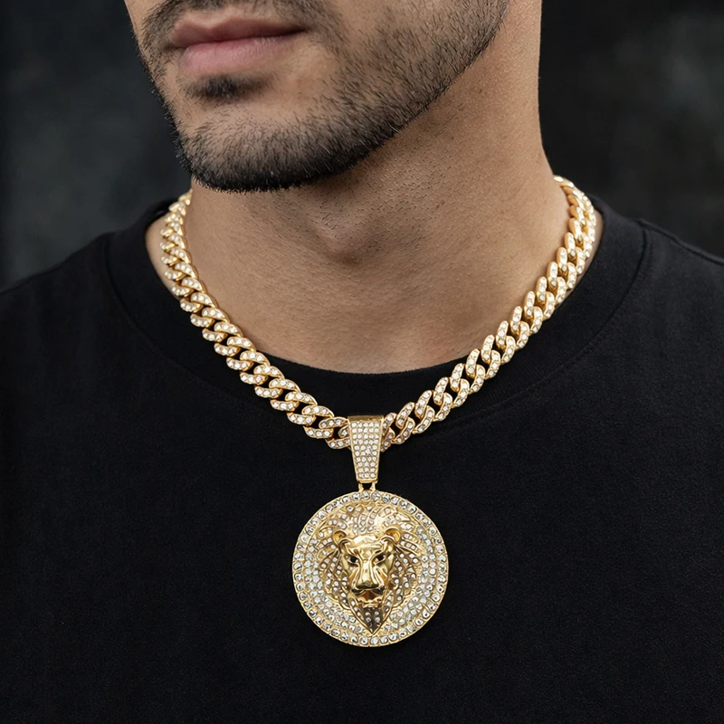 Hip Hop Big Lion Head Pendant Necklace Cuban Chain Necklace For Women Men Iced Out Full Rhinestone Necklace Jewelry Gifts