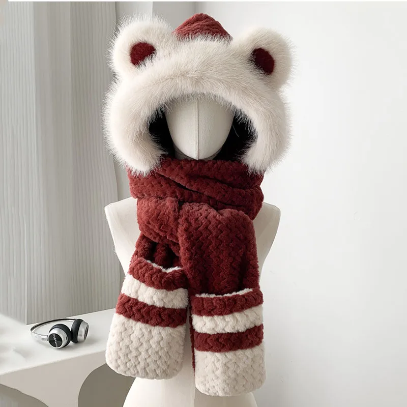 

Cute Hat Scarf Gloves Set New Thickened Plush Warm Women Beanies Cap Ear Windproof Student Outdoor Cycling Ear Protection Cap