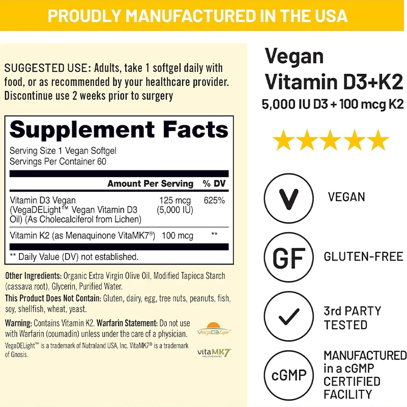 فيتامين D3+K2 النقي، دعم العظام، امتصاص عالي لزيت الزيتون العضوي المضغوط على البارد - غير كائنات معدلة وراثيًا، 60 كبسولة