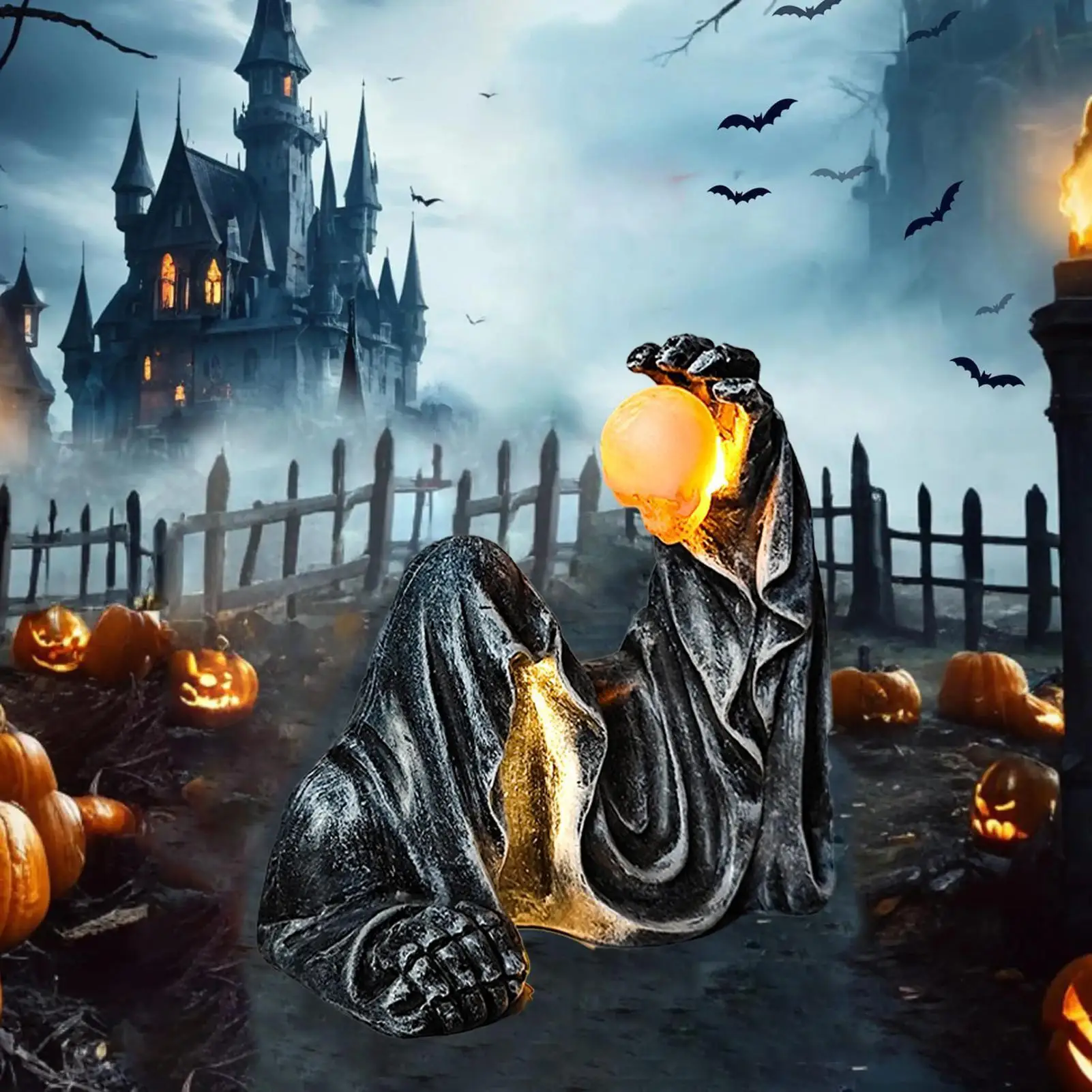 Halloween Figurines Halloween Black Robe Decorations Spooky Statue Gothic Sculpture for Workplace Backyard Haunted House Holiday