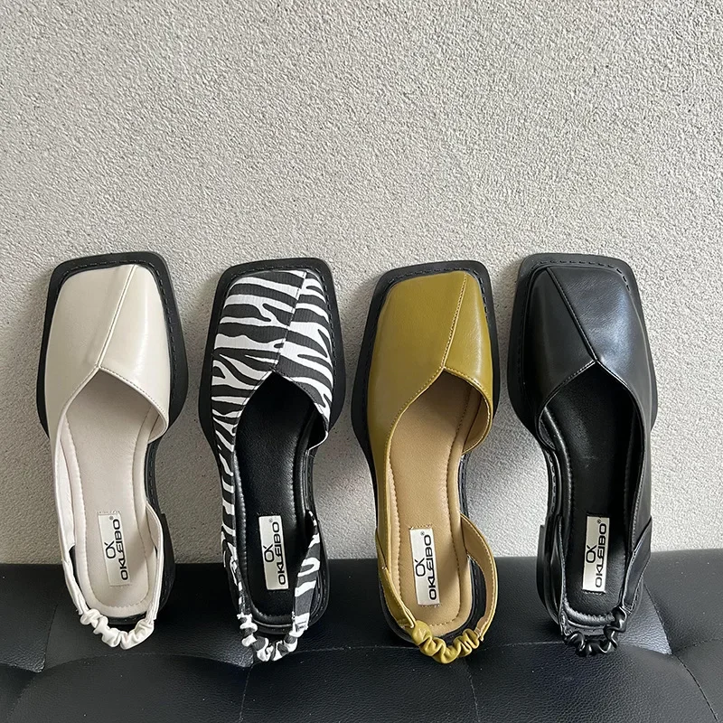Baotou letnia moda sandały damskie na co dzień damska gumka płaski obcas kobiet płytkie usta buty imprezowe sandały na kwadratowym obcasie