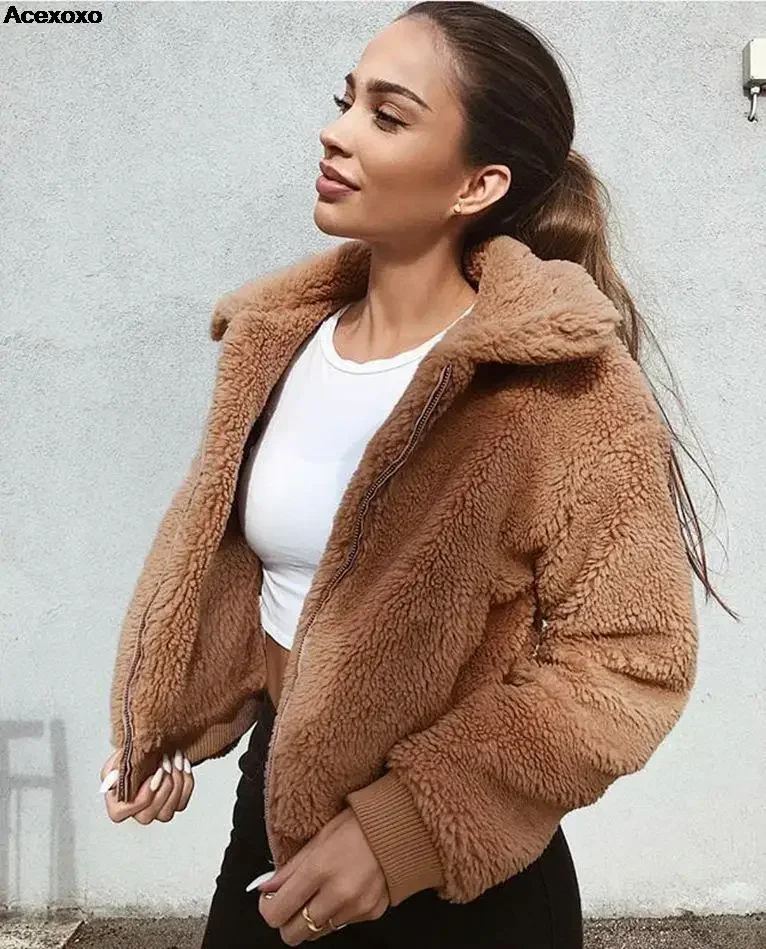 2023 autumn and winter new women's fashion casual solid color zipper cardigan haute couture plush coat