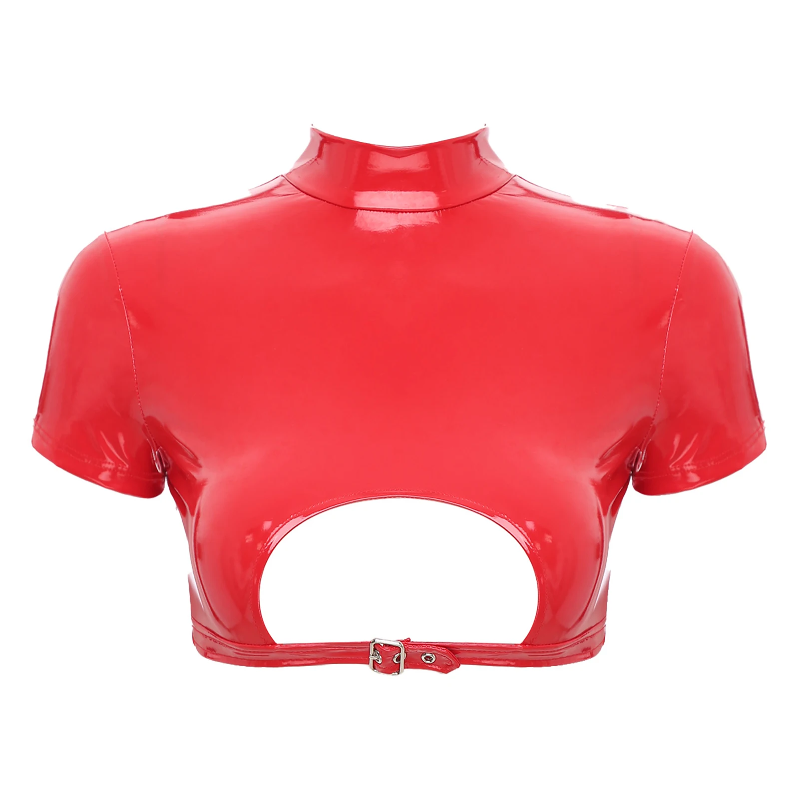 Womens Shiny Metallic Faux Leather Short Sleeve Mock Neck Cut Out Zipper Back Tank Crop Tops Latex Tee Shirt Sexy Clubwear