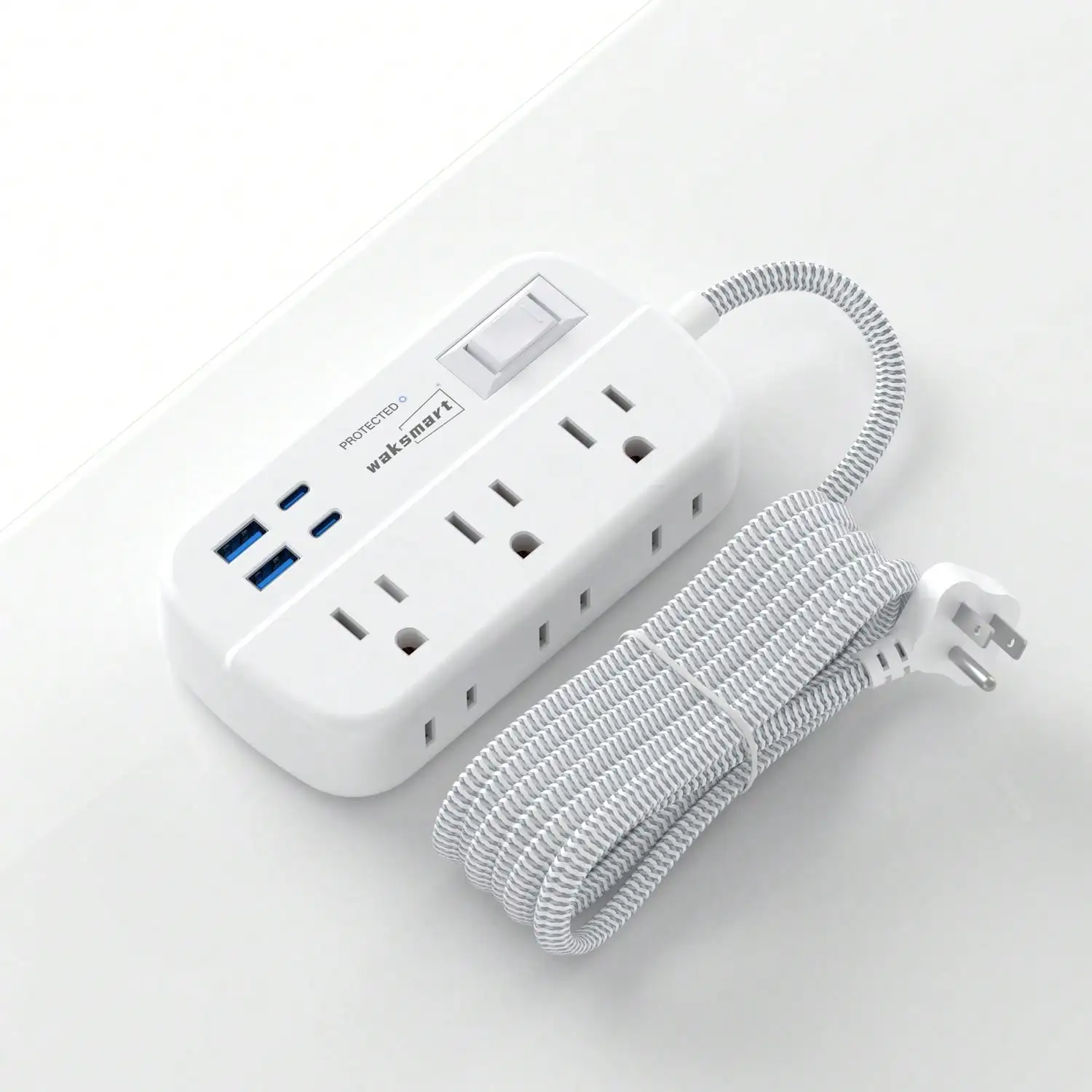 

Waksmart Surge Protector Power Strip, Power Strip With USB C Ports, 6 AC Outlets And 4 USB Ports(2USB-C), 5FT Braided Extension