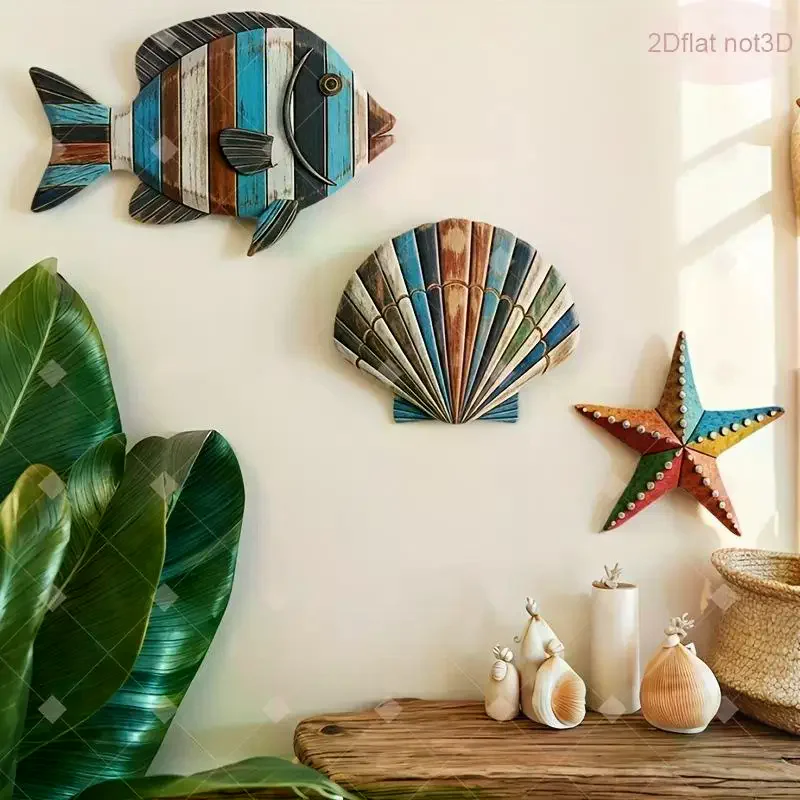 Ocean Art Wooden Wall Decor Set Beach Theme Fish  Starfish Vibrant Decoration for Kids Bedroom