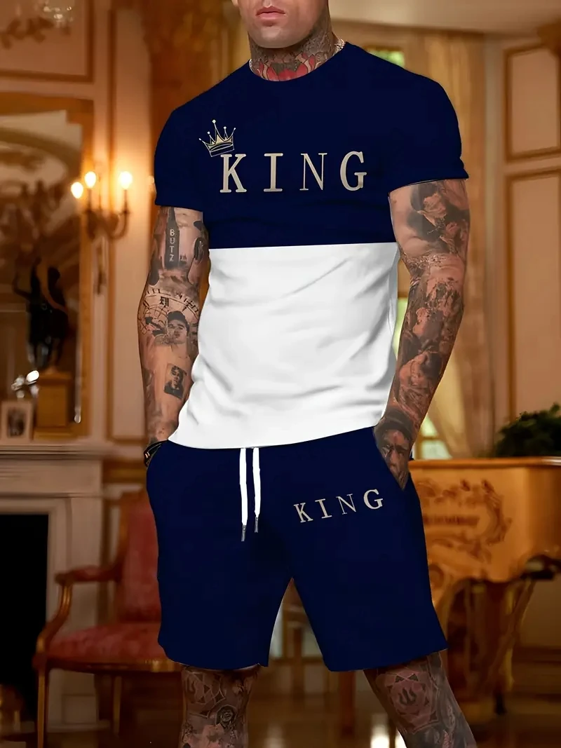 

Summer Letter Print Men's T-shirt Shorts 2-piece Set 2025 Men's Clothing Quick Drying Sports T-shirt Elastic Waist Shorts Set