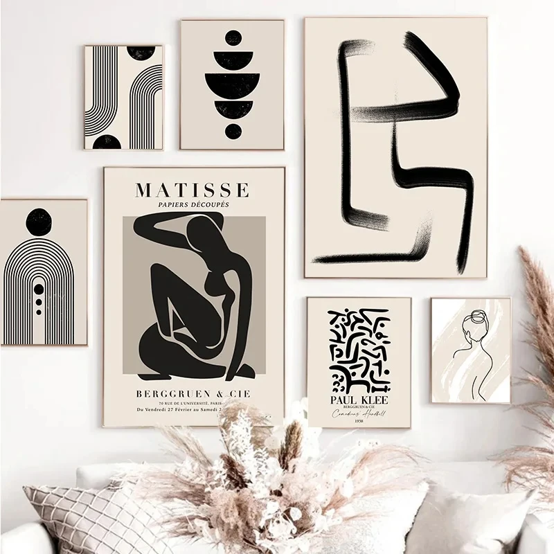 

Abstract Matisse Geometry Line Bohemian Wall Art Posters, Boho, Black, Beige Print, Canvas Paintings, Living Room, Interior Home