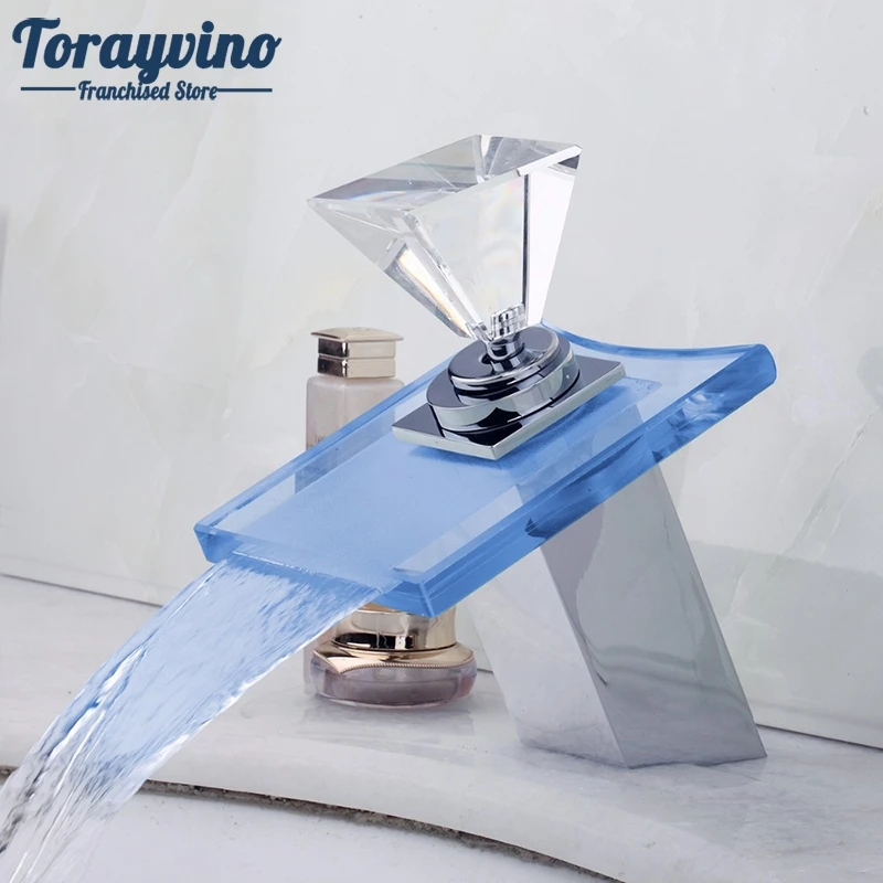 LED Bathroom Sink Faucet torneira Waterfall Glass Brass Faucet Tap Faucet Mixers Taps Diamond Shape Handle 3 Color LED Light