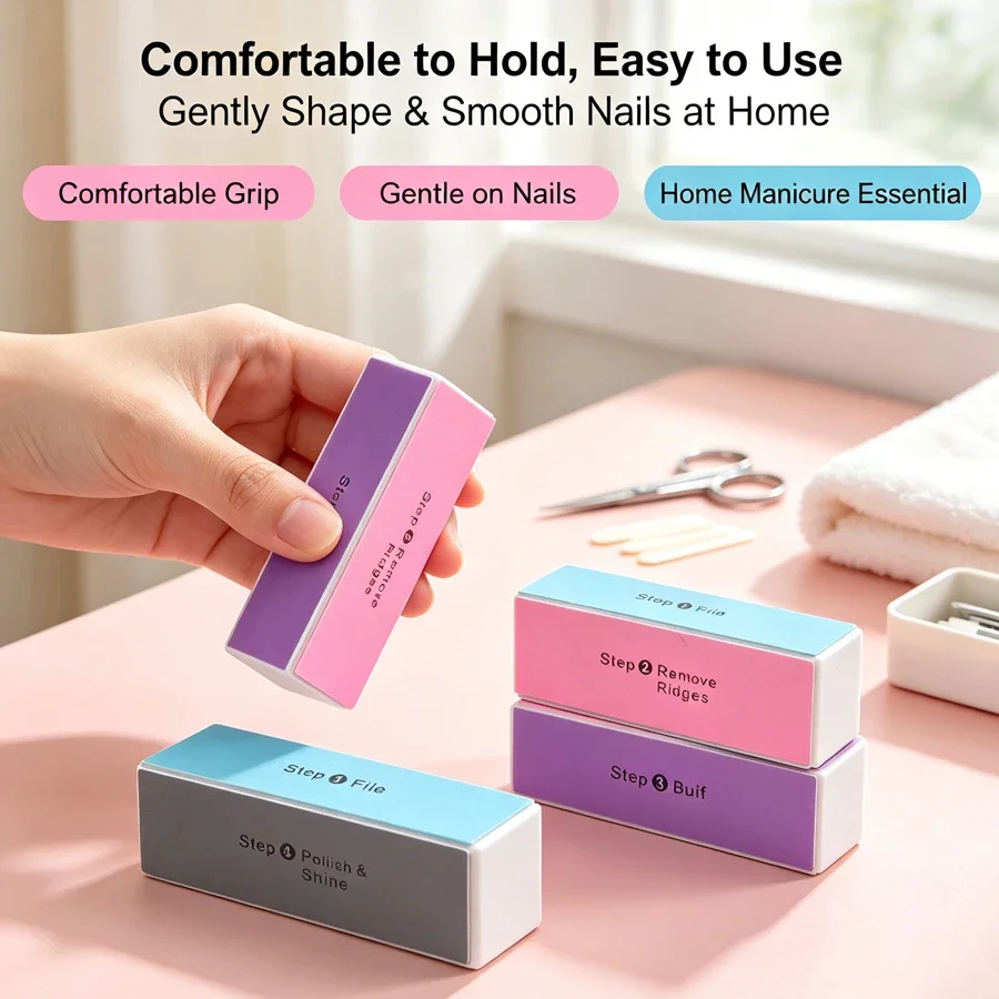 2Pcs 4-Way Nail Buffer Blocks, Nail Polishing Sponge for Fingernails, Nail Art Manicure Tools for Beauty Salons