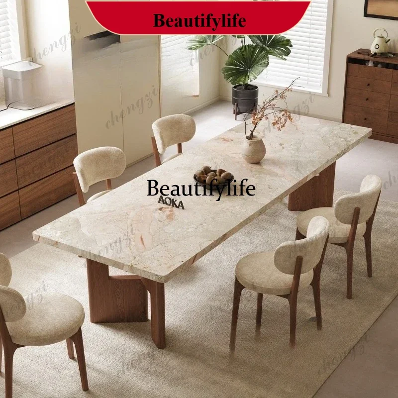 Rock slab dining table rectangular French retro rock slab solid wood dining table p182