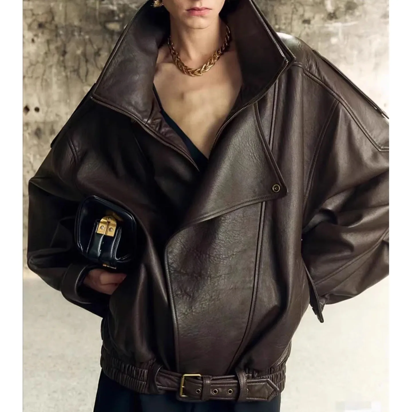 Automne femmes américain rétro bulle motif PU cuir col Long Sve fermeture éclair Sle ort Jaet manteau Faion vêtements d'extérieur