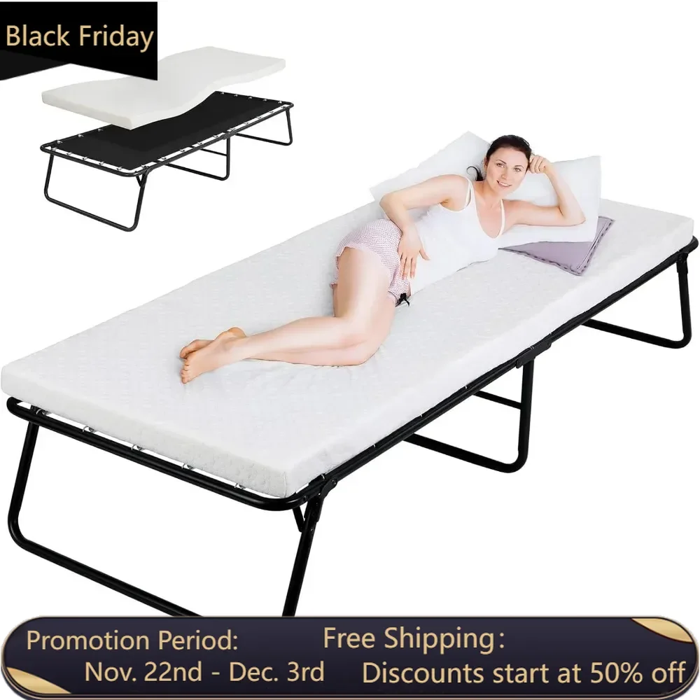 4-inch widened folding bed with adult mattress, foldable bed, portable bed, metal bed frame, and memory sponge mattress