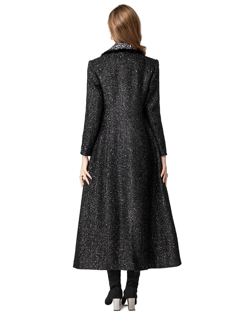 DLDENGHAN Chaqueta de tweed con doble botonadura de cristal para mujer, ropa de abrigo de calle de manga larga con cuello vuelto y lentejuelas de plumas