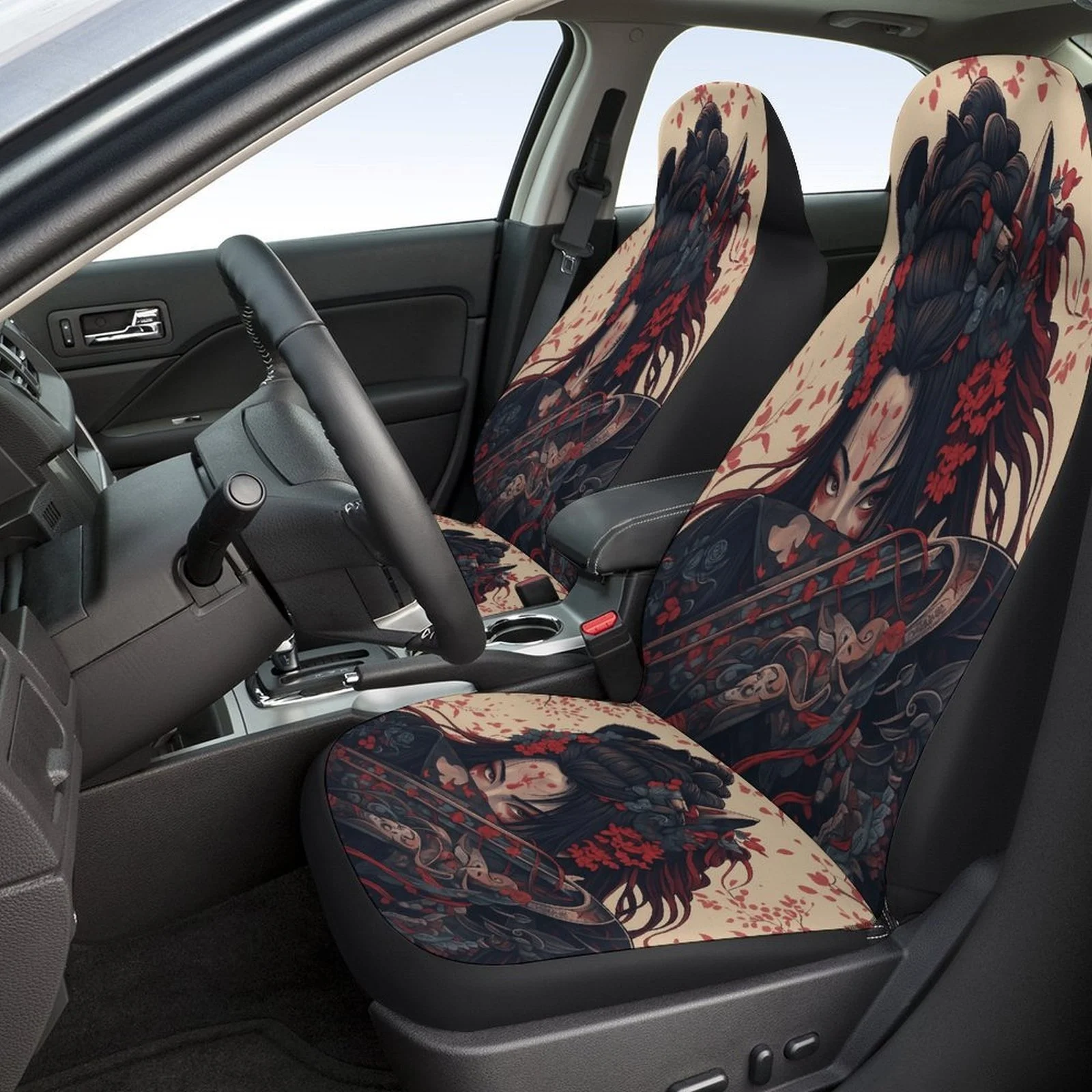 Red Blossom Warrior Themed Car Seat Cover Set - Japanese Anime-Inspired Design With Dynamic Action Poses, Fit For Most Cars, Fro