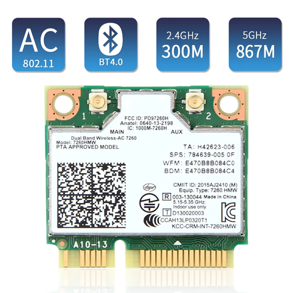 Mini PCI-E Dual Band 2.4G/5Ghz Bluetooth 4.0 Wifi Network Card 7260HMW Wlan Wireless  802.11ac/a/b/g/n For Laptop Windows 8/10