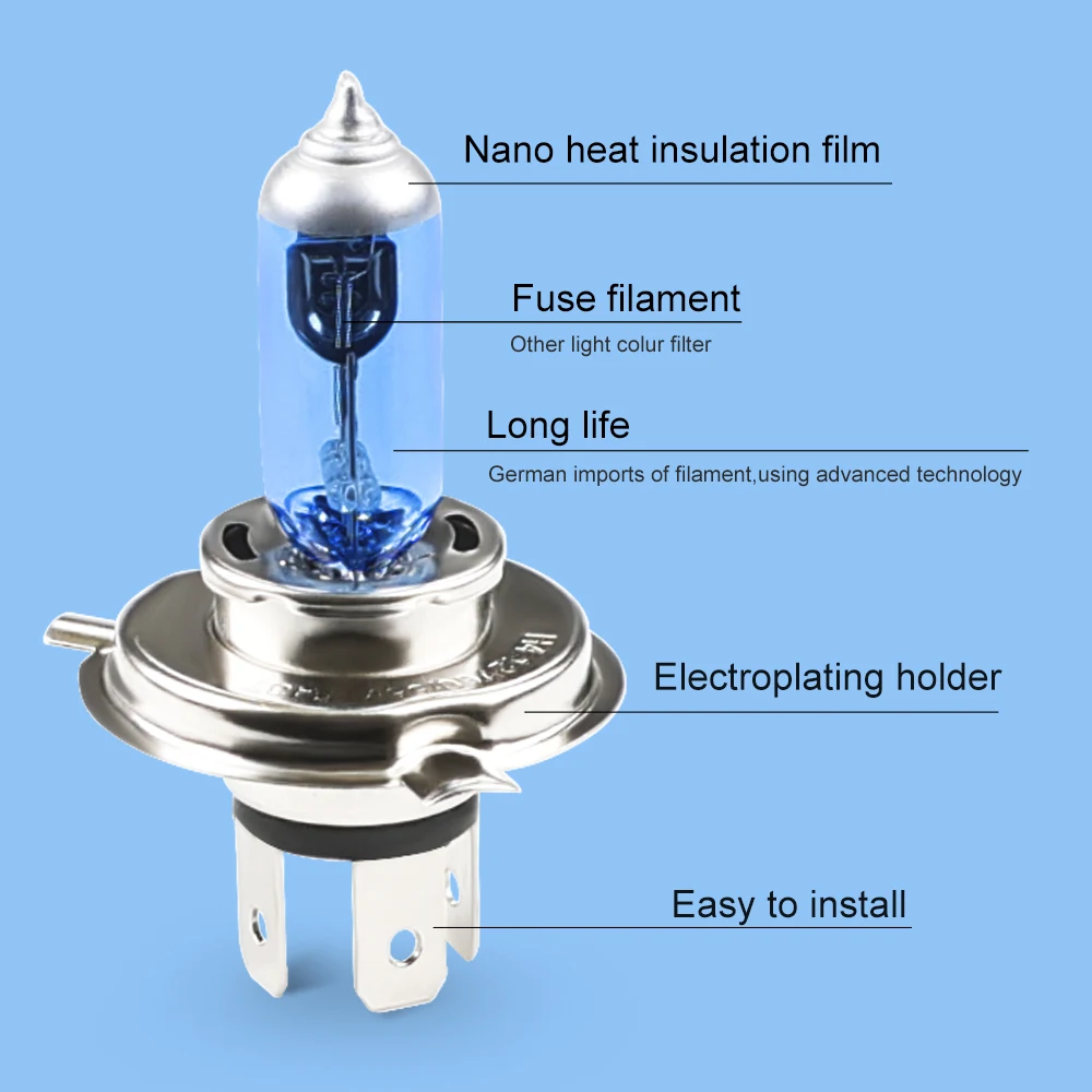 2Pcs/Pair H4 55W 60W Halogen 6000K High Low Beam Light Headlight Bulb Auto P43T H4 6000K DC12V Xenon White Car Fog Lamp