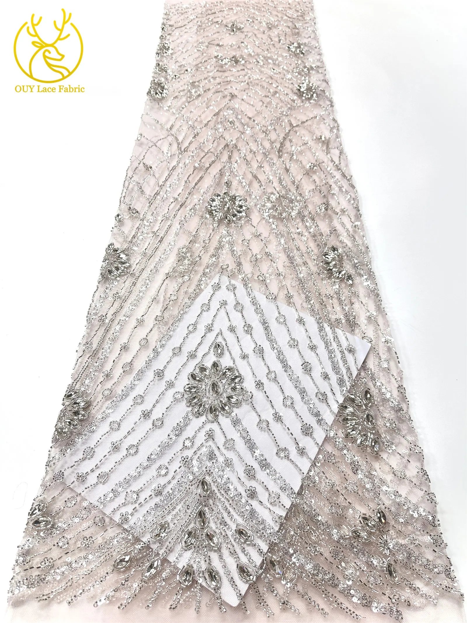 Neuester afrikanischer handgefertigter Perlen-Diamant-Spitzenstoff 2026, luxuriöser nigerianischer Pailletten-dunkelblauer transparenter Spitzenstoff für Hochzeitskleid – Detail 19