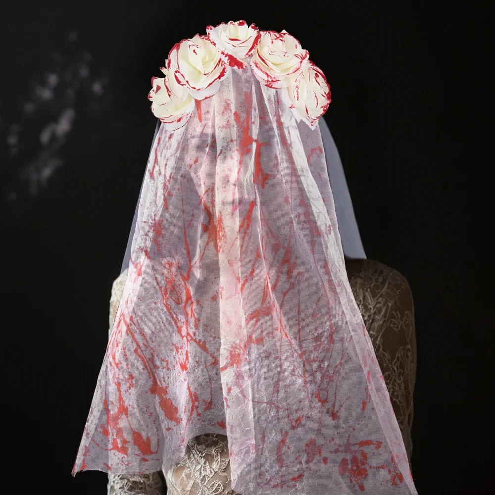 Halloween Gothic Bloody Bride Mask Cosplay Zombie Women White Flower Veil Crown Headwear Party Wedding Costumes Prop Fance Dress