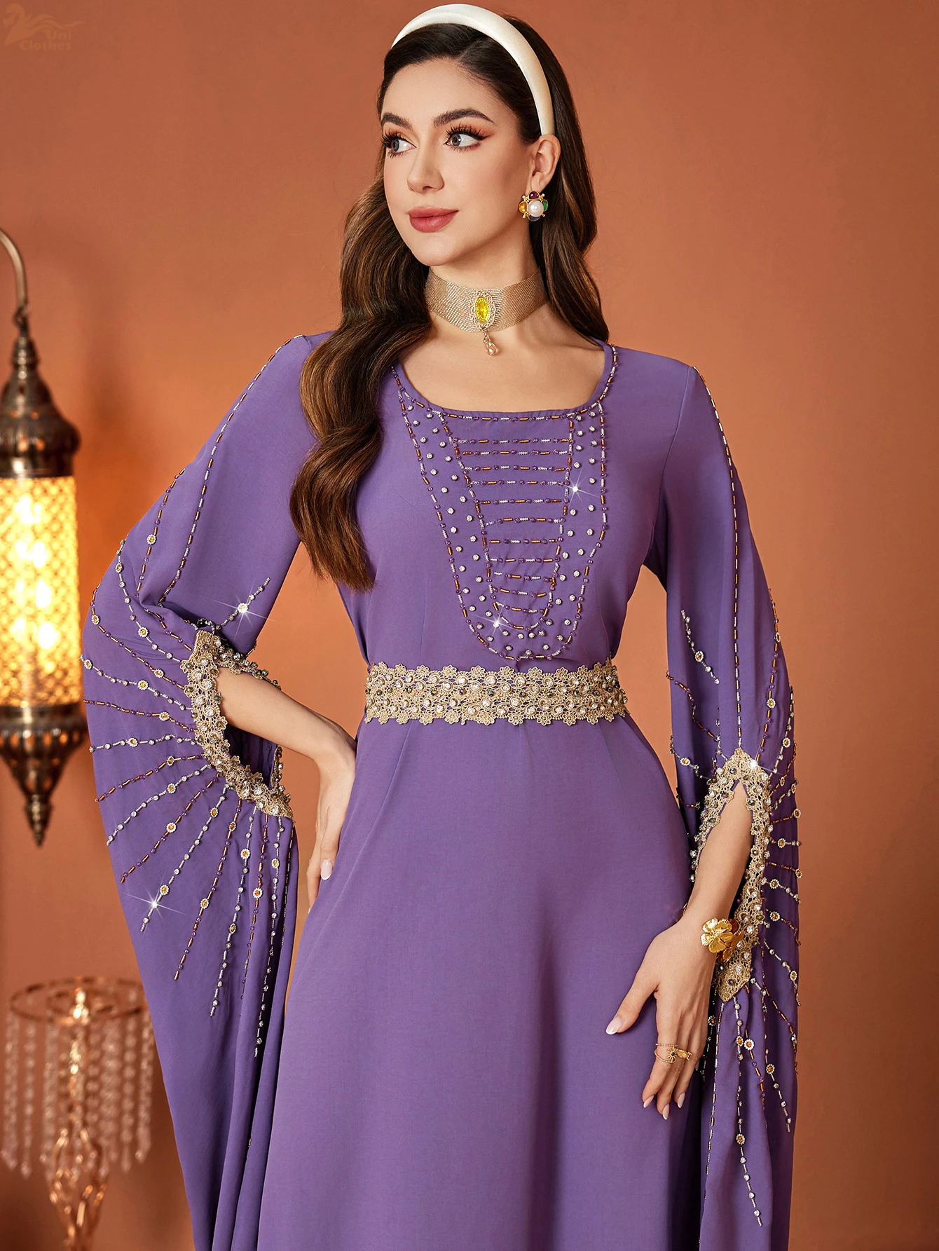 Luksusowa damska patchworkowa koronkowa haftowana abaja z bardzo długim rękawem, muzułmańska damska kaftanowa sukienka maxi na wieczorne przyjęcie w Dubaju, Eid.