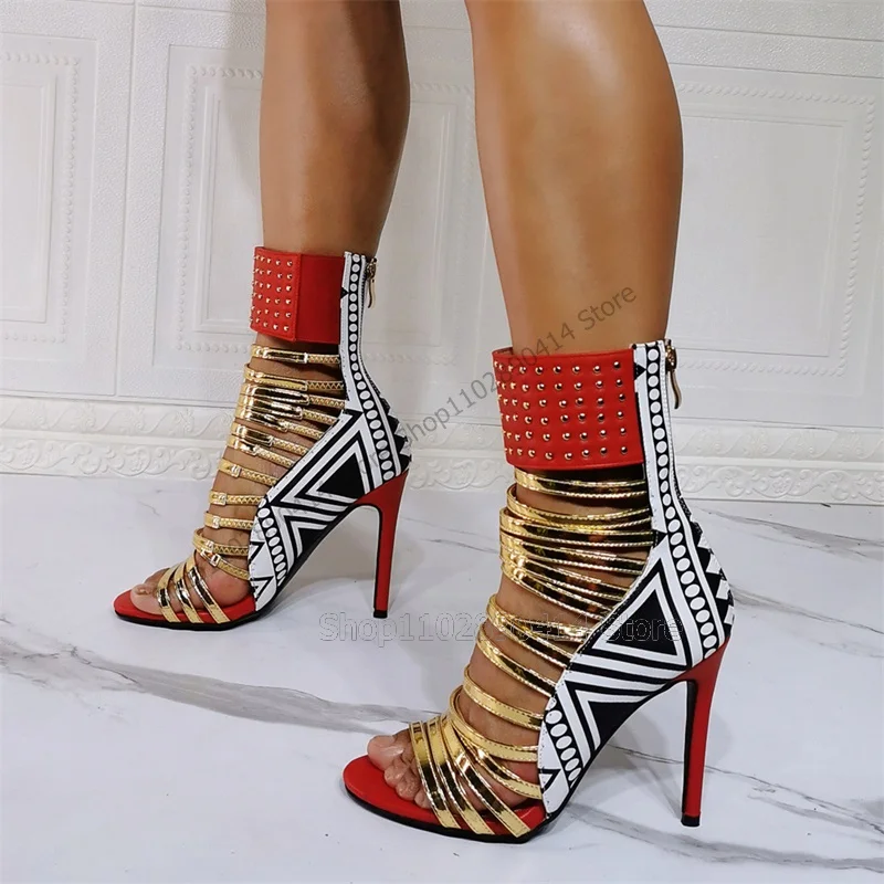 Mixed Color Rivets Decor Geometric Design Sandals Boots Back Zipper Women Shoes Thin High Heels Fashion 2023 Zapatos Para Mujere