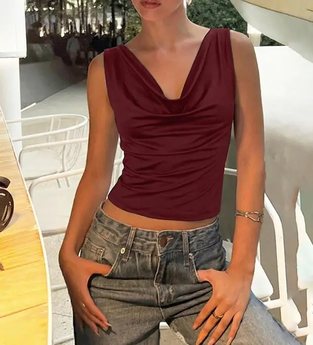 

Summer New French Elegant Fashion Y2K Sexy Style Solid Color Simple Swinging Collar Waist Straightened Sleeveless Tank Top
