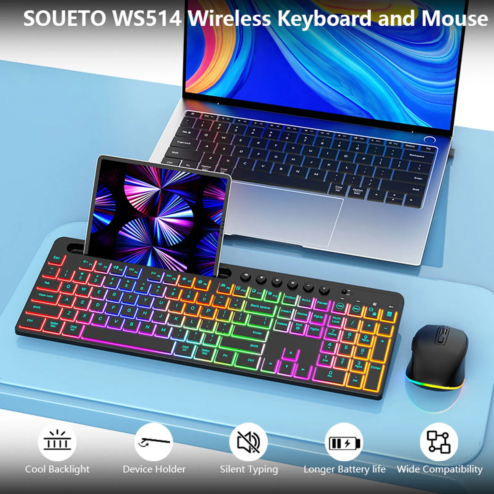 

Wireless Keyboard and Mouse Type C Fast Charging 2.4G Stand Slot 6 Multimedia Control Keys Wireless Gaming Keyboard for Laptop