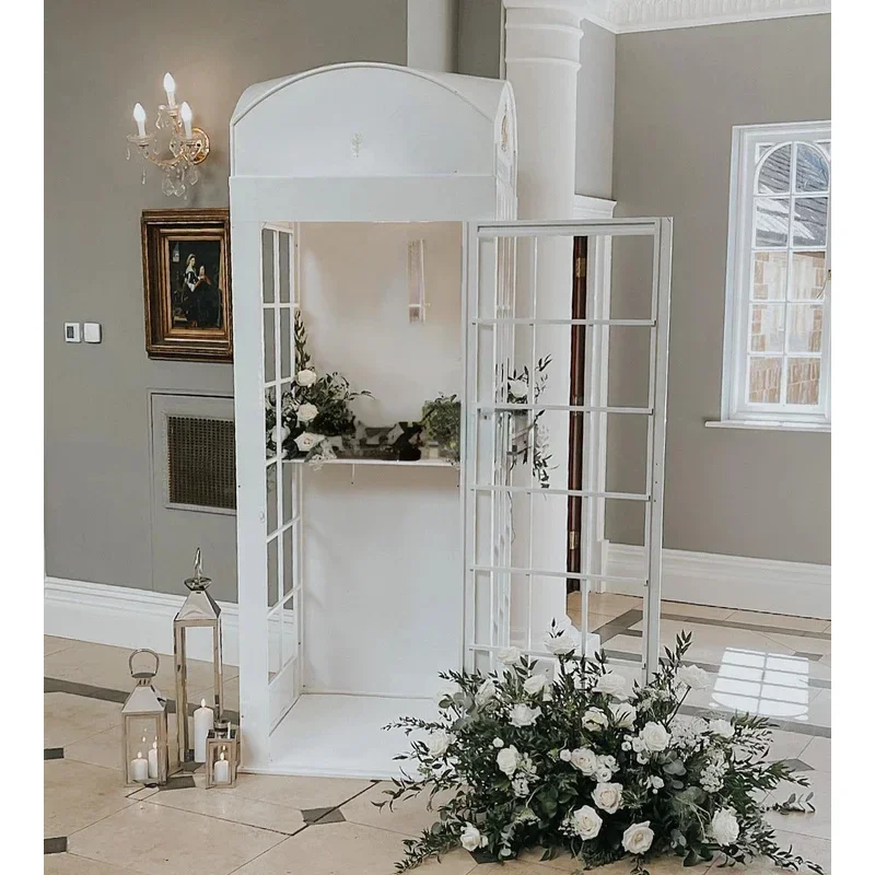 Retro Phone Decor Wedding Props White Telephone Booth With Artificial Flower