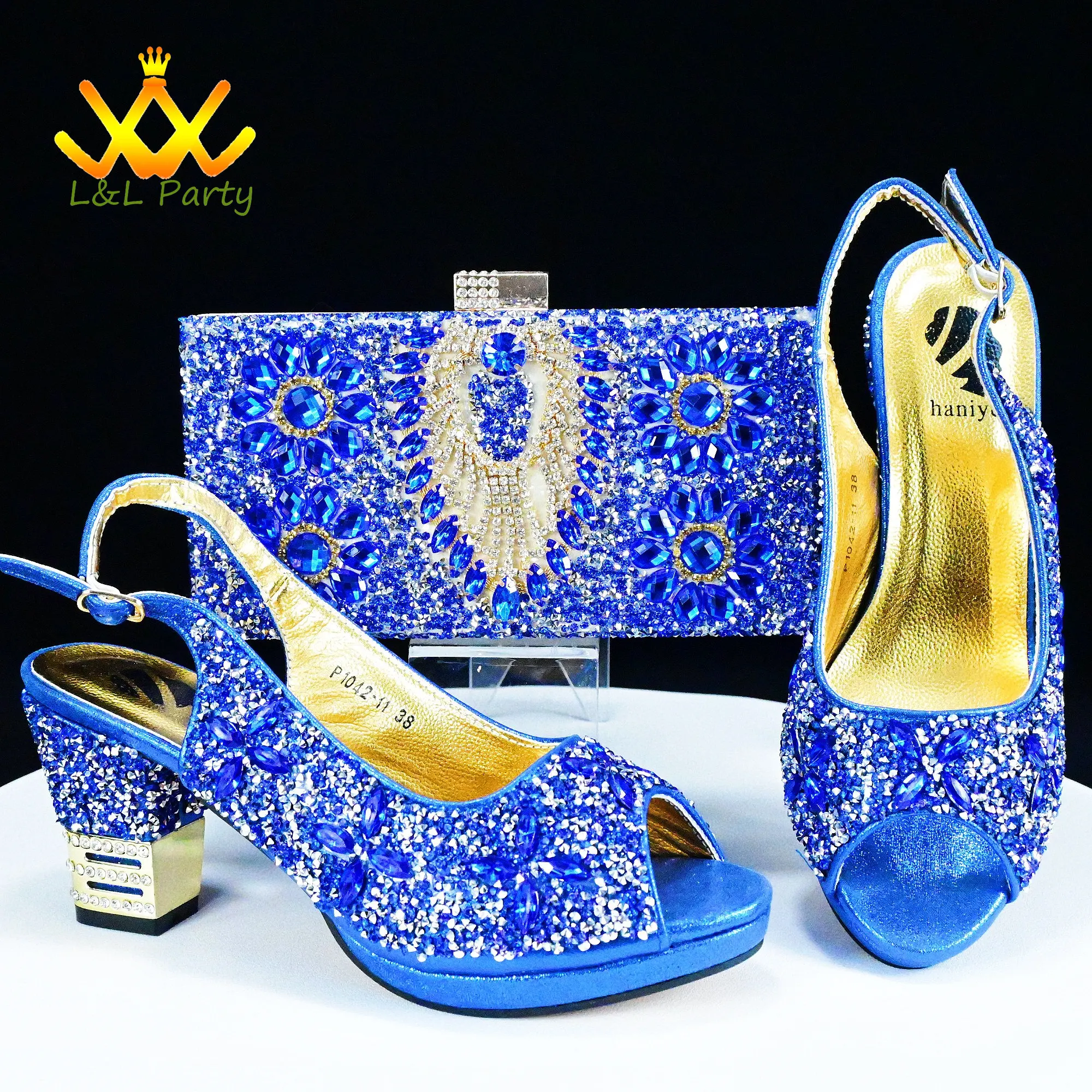 Blue Color Fashion New Arrivals 2024 Spring Summer Design Italian Women Shoes Matching Bag Set with Shinning Crystal for Party