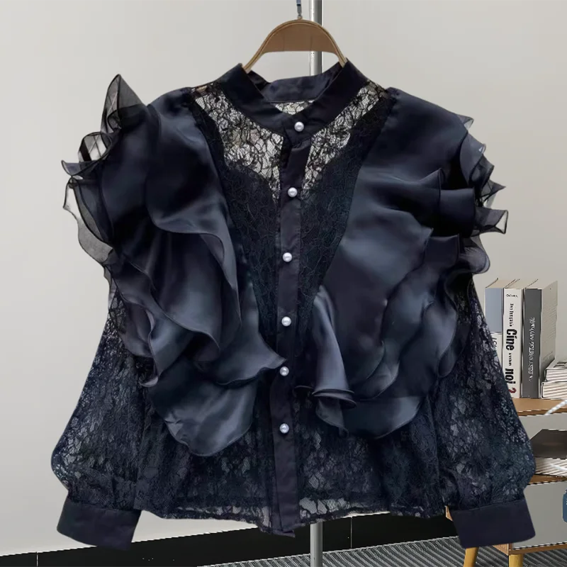 GVUW Gauze Women Shirt Fashion Ruffles Full Sleeve Stand Collar Single Breasted Solid Color New 2024 Fashion Shirts 17G7774