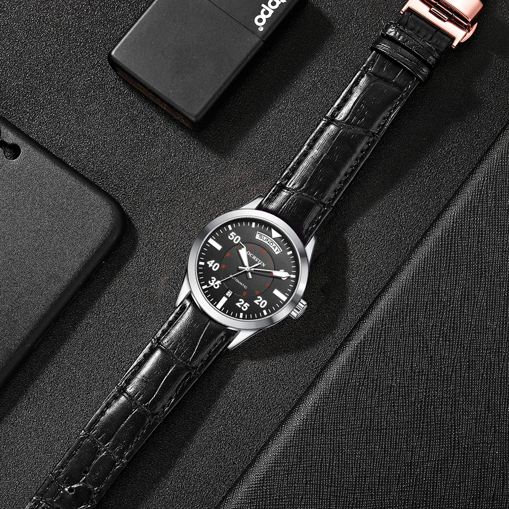 OCHSTIN Classic Silver Case Black Dial Leather Strap Mens Business Automatic Watch New Date Display Male Mechanical Wristwatches